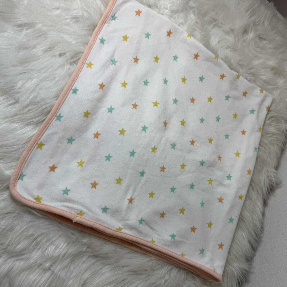 Amazon Essentials Star Print Baby Blanket Peach Edge Trim White Yellow Orange